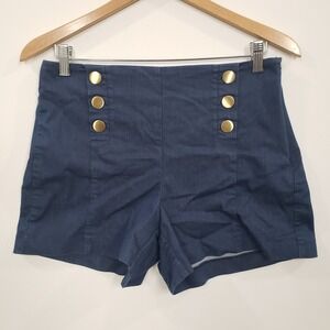 LOFT Sailor Shorts Womens 4 Blue Curvy High Rise Gold Button Nautical Side Zip